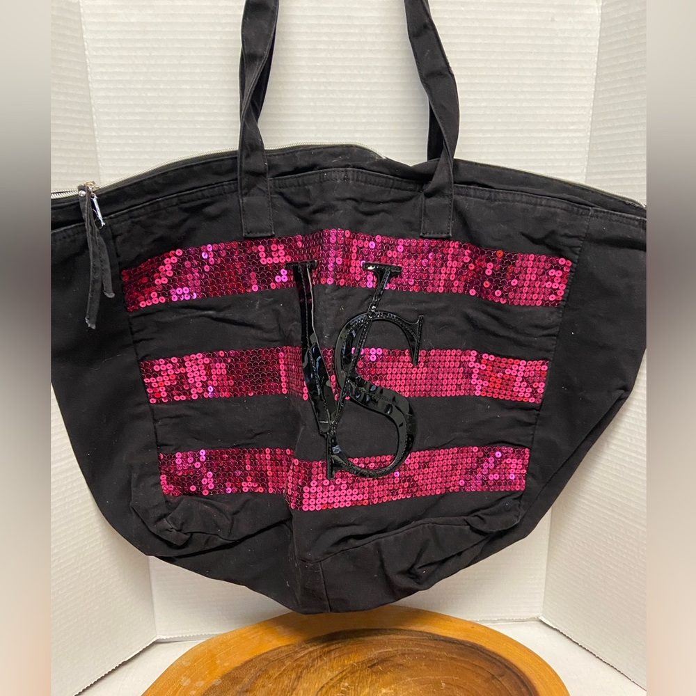 Victorias Secret Large Sequined Canvas Zippered Tote Bag